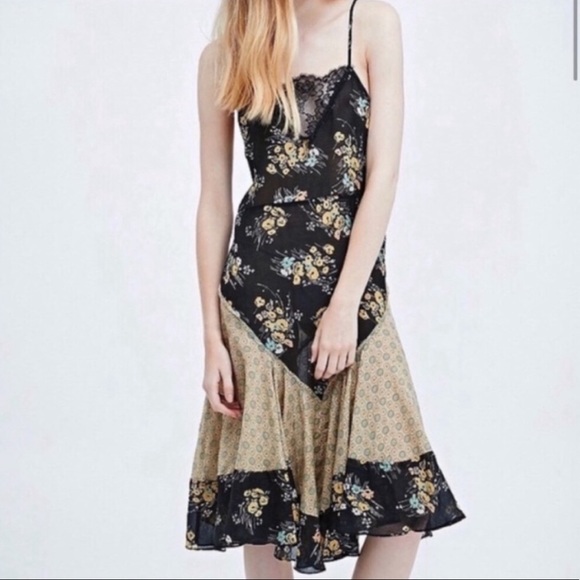 Free People Dresses & Skirts - FREE PEOPLE black slip dress floral S/M LACE UP